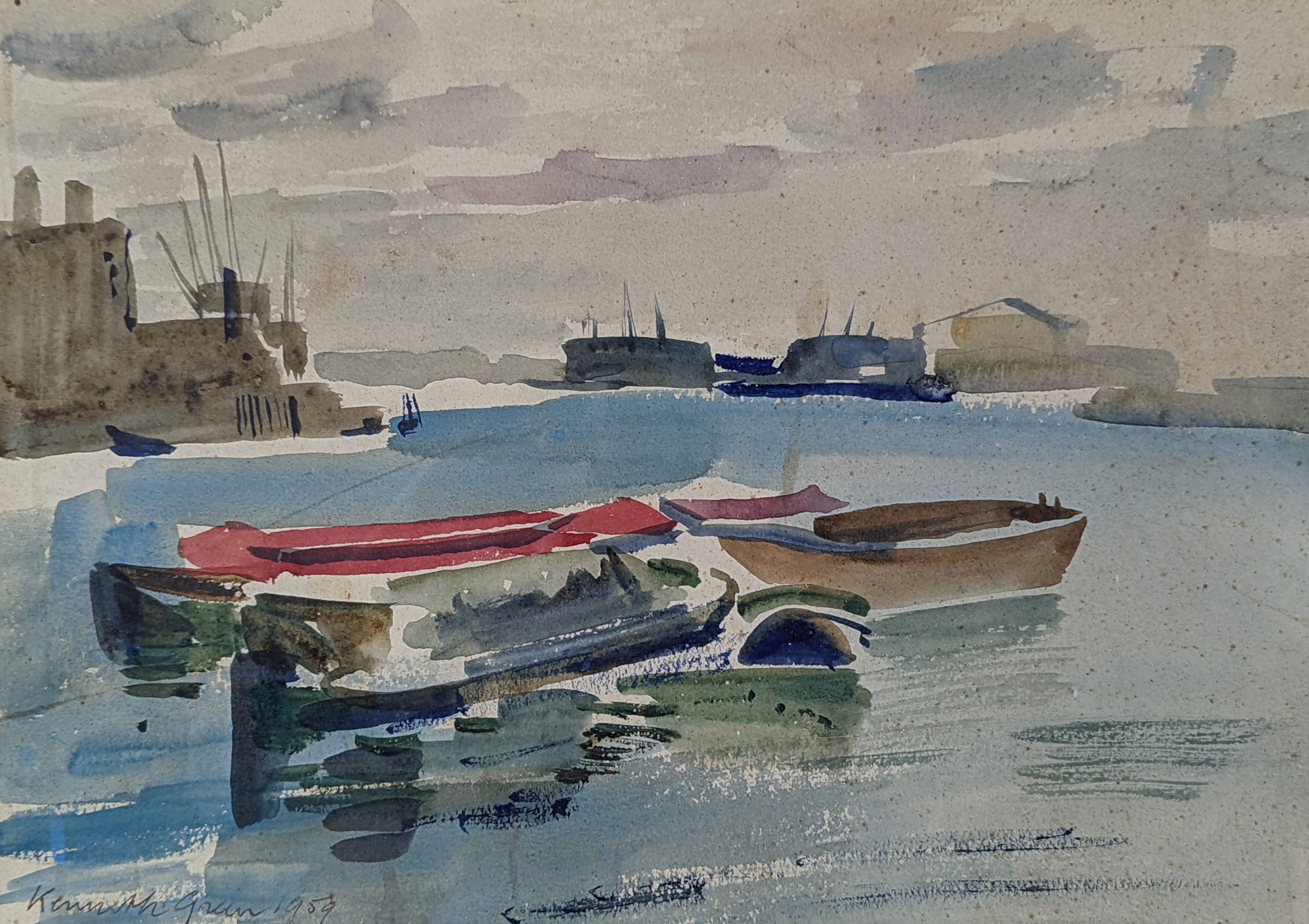 Kenneth Green (1916-1973), watercolour, View of along The Thames, signed and dated 1959, 24 x 34cm